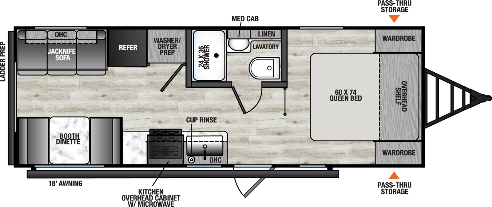 The Viking Travel Trailers 242MK floorplan has one entry and zero slide outs. Exterior features include: metal exterior and 18' awning. Interiors features include: front bedroom.